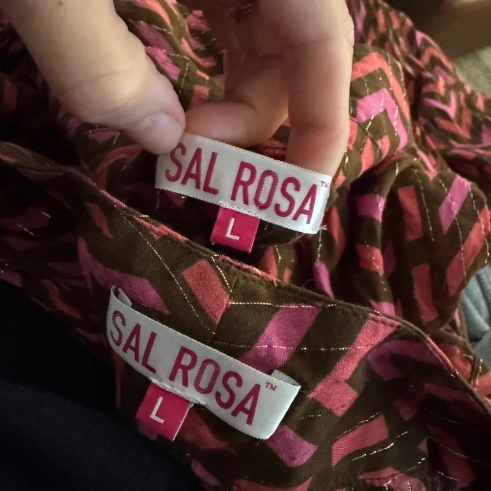 SAL ROSA PRINTED PINK BROWN SHIMMER STRIPE PALAZZO PANTS TOP OUTFIT SET SZ L - Picture 2 of 7